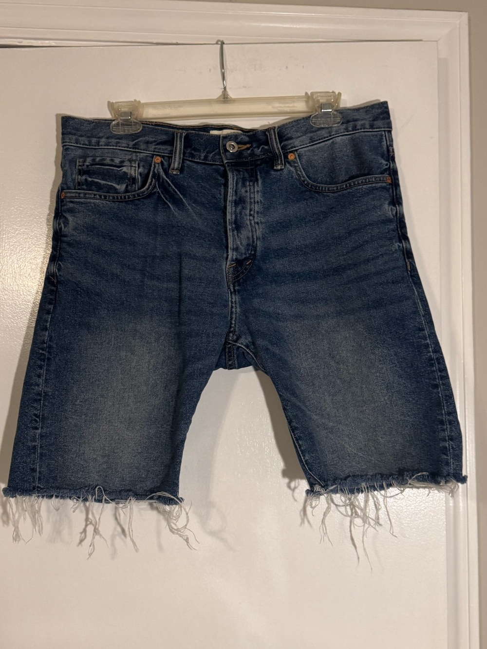 H&M Men's Raw-Hem Dark Blue Denim Shorts summer boho casual jeans cotton beach